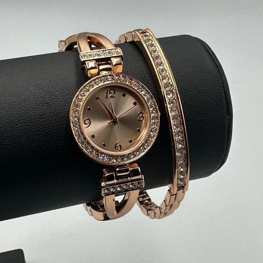 Rhinestone Watch Matching Bracelet Set Women Rose Gold Tone New Battery 7.25